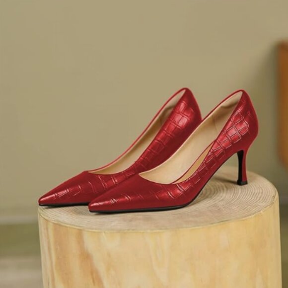 FOWT Red Pointed Toe Black Pumps for Women Dressy Slip on Thin High Heel Shoes - Picture 1 of 8